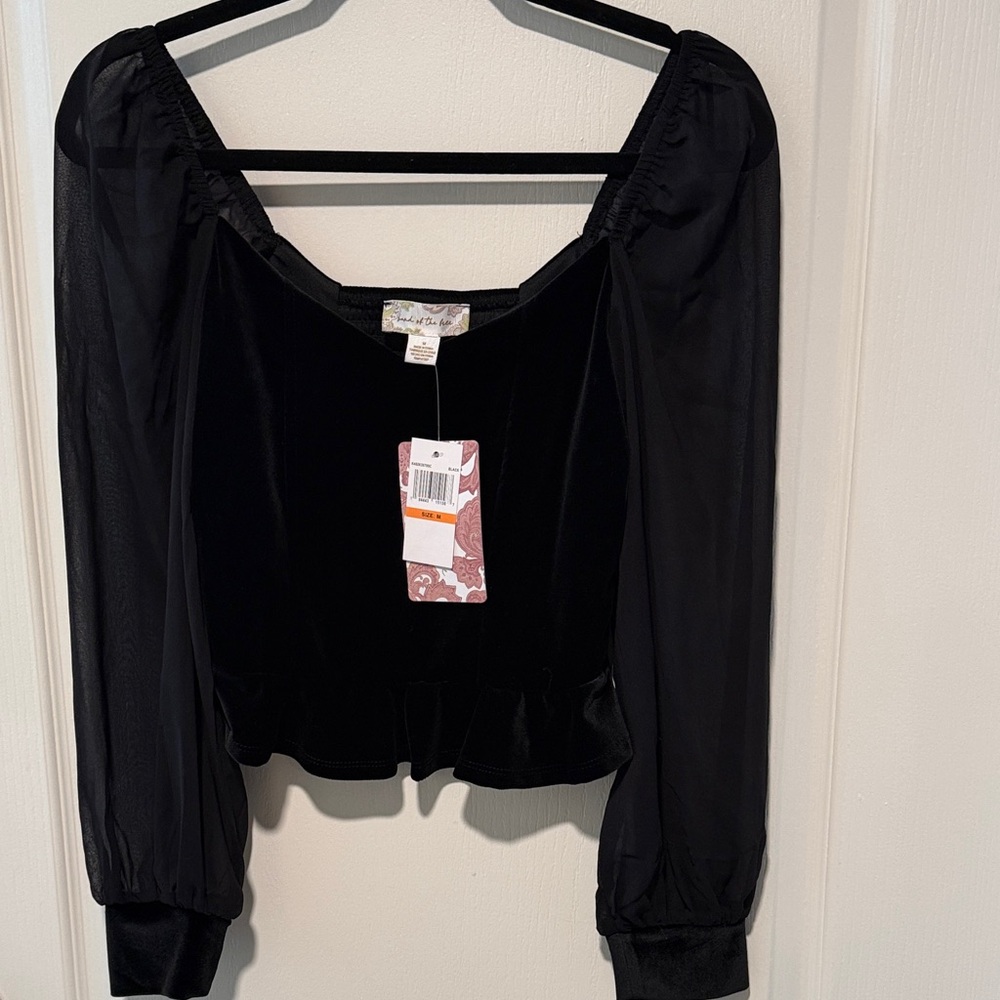 Black Velvet/sheer sleeves Women's Blouse
